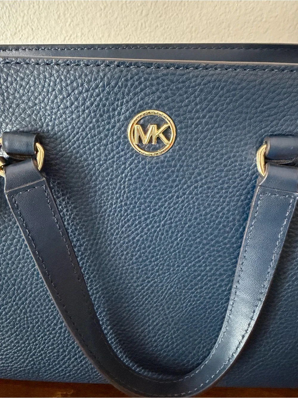 Michael Kors Navy Pebbled Leather Satchel with Gold Hardware